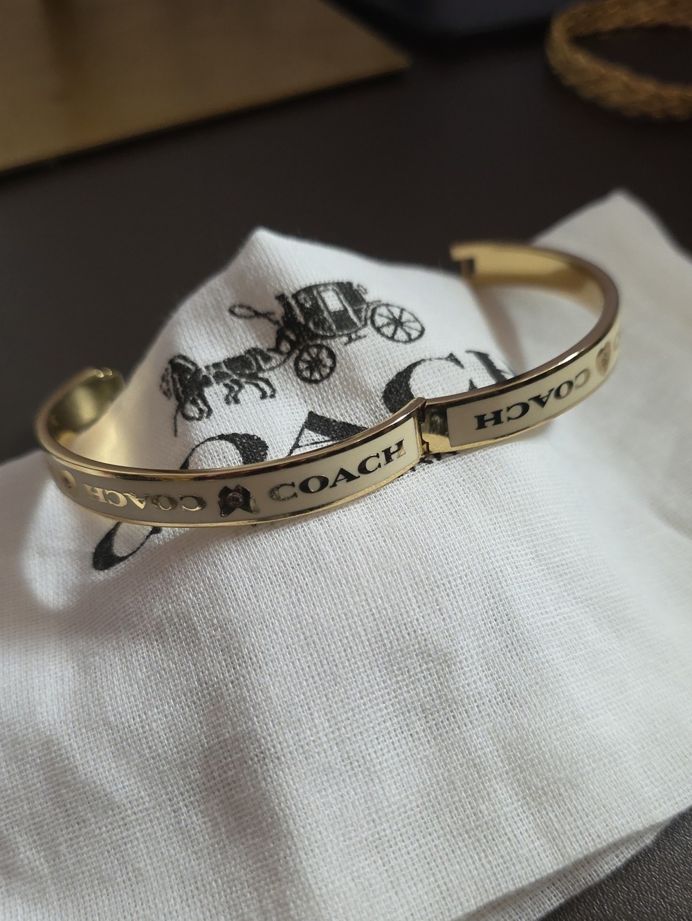 COACH Gold and Cream Signature Enamel Hinged Bangle Bracelet W/ Crystals Nwt